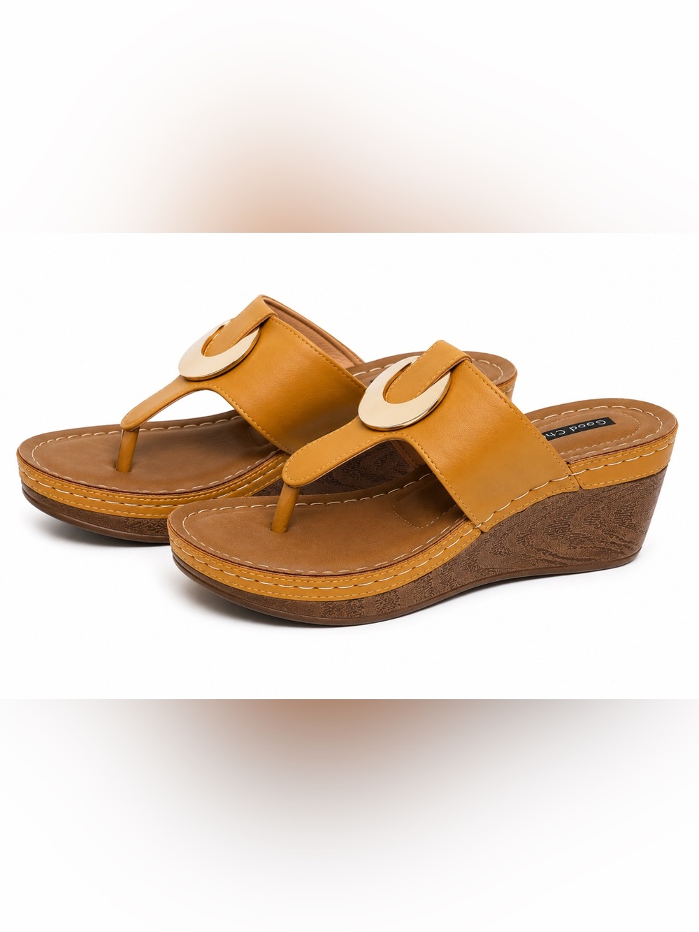 200. Good Choice Mustard Yellow Wedge Thong Sandals with Decorative Accent